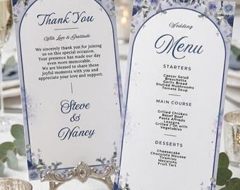 Plantilla de menú de boda moderno / Tarjeta de menú de boda digital / Plantilla de menú de cena de boda personalizada / Juego de tarjetas de agradecimiento / Plantilla de Canva