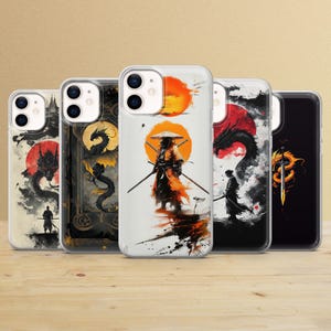 Fantasy Dragon Phone Case: Red Moon Samurai Art, Protective TPU Gel
