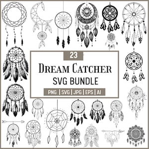 Könnte beinhalten: Eine Sammlung von 23 schwarz-weißen Traumfänger-Designs. Das Bild enthält verschiedene Stile, wie zirkulare, halbmondförmige und Sonnendesigns, mit Federn und komplizierten Mustern. Der Text lautet "23 Dream Catcher SVG Bundle".