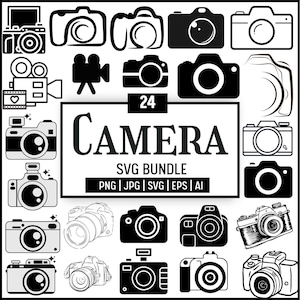May include: A collection of 24 camera SVG designs in black and white. The image includes various camera illustrations, a video camera, and the text "CAMERA SVG BUNDLE" with file type options: PNG, JPG, SVG, EPS, and AI.