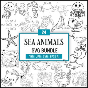 Sea Animals outline SVG, Sea Life Svg,underwater clipart, kawaii animals,Seashell Svg,Dolphin Svg,Under the sea Creature,svg cricut files.