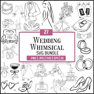 Whimsical Wedding SVG Clipart Bundle with Illustrations, Icons, Doodles for Wedding Invitations, Menu, Bridal Invites, Wavy Squiggle Borders