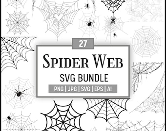 Puede incluir: Una colección de diseños de telarañas en blanco y negro, con diversas formas y estilos. La imagen presenta el texto "27 Spider Web SVG Bundle" con opciones de formato de archivo: PNG, JPG, SVG, EPS y AI.