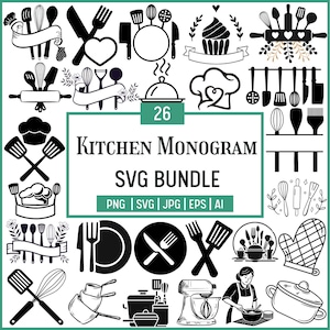 May include: A collection of 26 kitchen-themed SVG graphics in black and white. The bundle includes illustrations of cooking utensils, a chef's hat, a cupcake, and the text "Kitchen Monogram SVG Bundle". Formats include PNG, SVG, JPG, EPS, and AI.