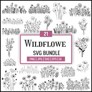 Bundle de fleurs sauvages Svg, svg botanique, bouquet de fleurs minimaliste, bordure de fleurs SVG, svg de croquis de fleurs, téléchargement numérique instantané, pour Cricut Svg