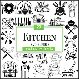 Könnte beinhalten: Schwarz-weißes SVG-Bundle zum Thema Küche mit verschiedenen Kochutensilien, Töpfen, Pfannen und Kochmotiven. Der Text "KITCHEN SVG BUNDLE" wird angezeigt, zusammen mit den Dateitypoptionen: PNG, JPG, SVG, EPS und AI. Die Zahl "23" ist ebenfalls sichtbar.