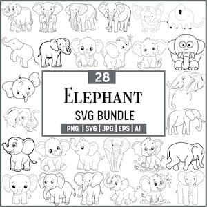 May include: A collection of 28 elephant-themed SVG designs in black and white. The illustrations include various elephant poses and styles, from cartoonish to realistic. The bundle includes PNG, SVG, JPG, EPS, and AI file formats.