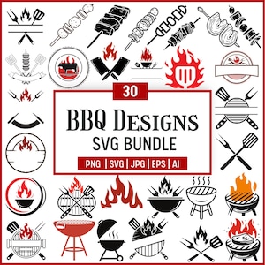 May include: A collection of 30 BBQ designs in black and red, including illustrations of grills, flames, skewers, and utensils. The text "BBQ Designs SVG Bundle" is displayed prominently.