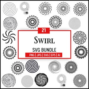 May include: A collection of 21 black and white swirl designs in various styles. The image includes spiral patterns, radial designs, and a central graphic that reads "Swirl SVG Bundle" with file type options.
