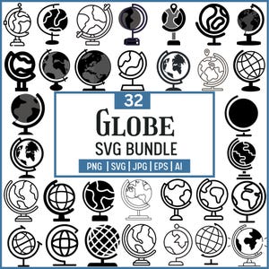 Puede incluir: Un conjunto de 32 diseños de globos terráqueos en varios estilos, incluyendo versiones de contorno y rellenas. La imagen incluye el texto "GLOBE SVG BUNDLE" con opciones de formato de archivo: PNG, SVG, JPG, EPS y AI.
