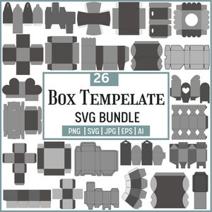 以下が含まれることがあります： さまざまな形とサイズの26個のボックステンプレートのコレクションで、グレーの色合いで表示されています。画像には「26 Box Template SVG Bundle」というテキストと、PNG、SVG、JPG、EPS、AIのファイル形式オプションが含まれています。
