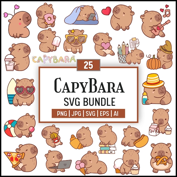 Cute Capybara SVG Bundle,Capybara Digital Stickers,Kawaii Capybara Clipart,Instant Digital Download for Cricut & Silhouette,Illustration