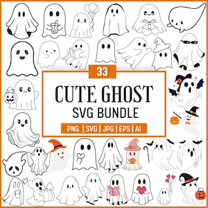 Op de afbeelding: Een verzameling van 33 schattige spookillustraties in verschillende poses, waaronder spoken met ballonnen, lezende boeken en het dragen van hoeden. De tekst "CUTE GHOST SVG BUNDLE" staat in een oranje rechthoek.