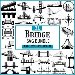 Puede incluir: Un conjunto de 31 diseños de puentes en blanco y negro, presentados como un paquete SVG. Los diseños incluyen varios tipos de puentes, como puentes colgantes, de arco y de vigas. El texto "31 BRIDGE SVG BUNDLE" se muestra.