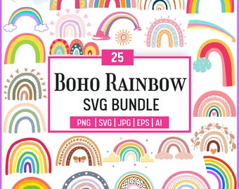 Pacote de clipart de arco-íris boho: adesivos em tons de terra, SVG, PNG (download digital)