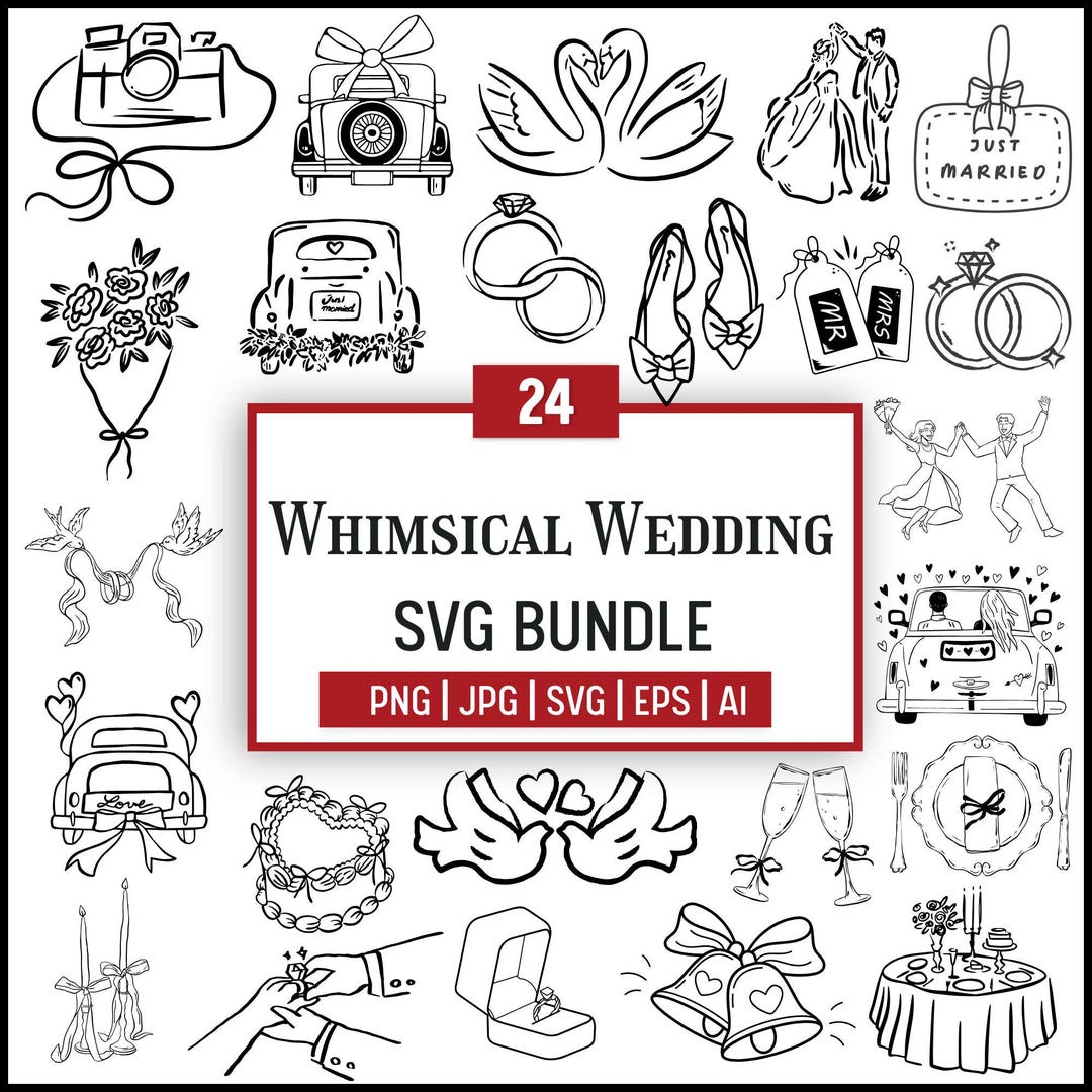 Whimsical Wedding SVG Bundle: Line Art Doodles, Invitation Clipart ...