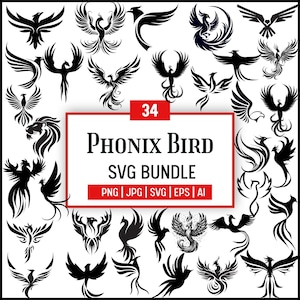May include: A collection of 34 black phoenix bird designs in various poses and styles. The designs include detailed illustrations of the mythical bird with spread wings and stylized flames. The image also includes the text "Phonix Bird SVG Bundle".
