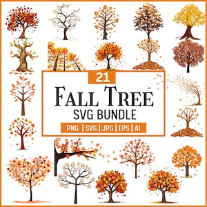 May include: A collection of 21 fall tree SVG designs in various styles, including trees with orange, red, and yellow leaves. The bundle includes PNG, SVG, JPG, EPS, and AI file formats. The text "Fall Tree SVG Bundle" is displayed.