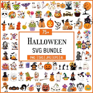May include: A collection of Halloween-themed SVG graphics. The image features various illustrations of pumpkins, ghosts, witches, bats, and other spooky elements. The text "75+ Halloween SVG Bundle" is displayed prominently, along with file type indicators: PNG, SVG, JPG, EPS, and AI.