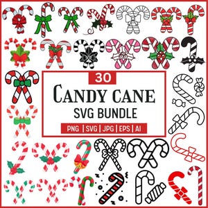 Puede incluir: Colección de 30 diseños de bastones de caramelo, con rayas rojas y blancas, lazos verdes y adornos de acebo. El texto "CANDY CANE SVG BUNDLE" se muestra en un rectángulo rojo, con opciones de tipo de archivo.