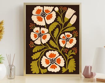 Digital Download Retro Floral Wall Art, Scandinavian Folk Flower Poster, Vintage Botanical Illustration, Modern Printable Art