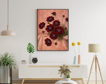 Vintage Flower Painting Poster, Red Floral Wall Art Printable, Botanical Bouquet Artwork, Cozy Home Decor Digital Download