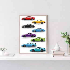 Puede incluir: Una impresión enmarcada que muestra una colección de coches deportivos coloridos. Los coches son de varios colores, incluyendo rojo, amarillo, negro, azul, morado y verde. Cada coche se representa de perfil, con un diseño elegante y aerodinámico.