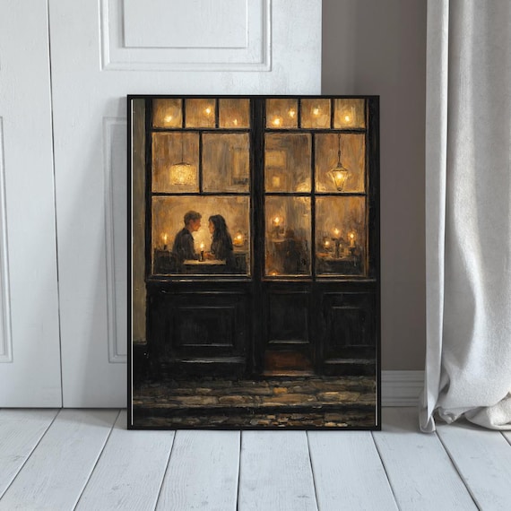 Moody Evening Cafe Window Digital Wall Art, Digital Download Romantic Couple Illustration Print Art, Warm Lights Printable Art