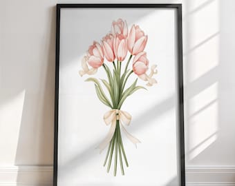 Vintage Pink Tulip Bouquet Printable Art, Floral Clipart Digital Download File, Floral Print Art for Mug and Bag, Digital Wall Art Prints
