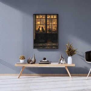 May include: A framed artwork depicts a romantic scene of a couple dining in a warmly lit restaurant. The painting is set against a dark, detailed door and window frame. The artwork is displayed above a wooden coffee table with decorative vases and a small plant.