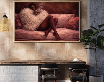 Moody Woman Wall Art Printable, Sensual Lounge Painting Print, Modern Feminine Decor, Dark Aesthetic Living Room Art, Instant Download