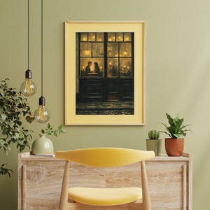 May include: A framed print of a romantic scene. The artwork depicts a couple dining in a warmly lit restaurant, viewed through a window. The frame is a light yellow color, and the overall aesthetic is cozy and inviting.