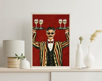 Funny Wine Illustration Poster, Vintage Waiter Printable Wall Art, Red Background Painting, Bar Kitchen Decor Digital Download