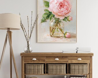 Digital Download Pink Peony Flower Wall Art, Impressionist Floral Vintage Botanical Art, Romantic Garden Printable Art