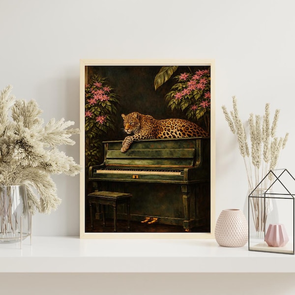 Majestic Leopard Piano Artwork Printable File, Jungle Animal Print Maximalist Home Decor, Digital Download File