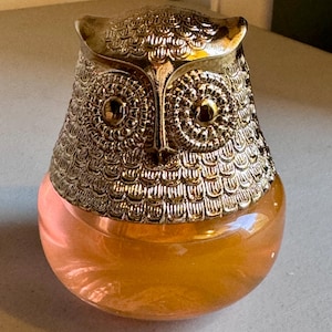 Op de afbeelding: Een decoratieve uilvormige container met een goudkleurige metalen kop en een doorschijnende oranje glazen behuizing. De kop van de uil heeft gedetailleerde, veerachtige patronen en grote, ronde ogen. De container is ontworpen om kleine items of vloeistoffen in te bewaren.