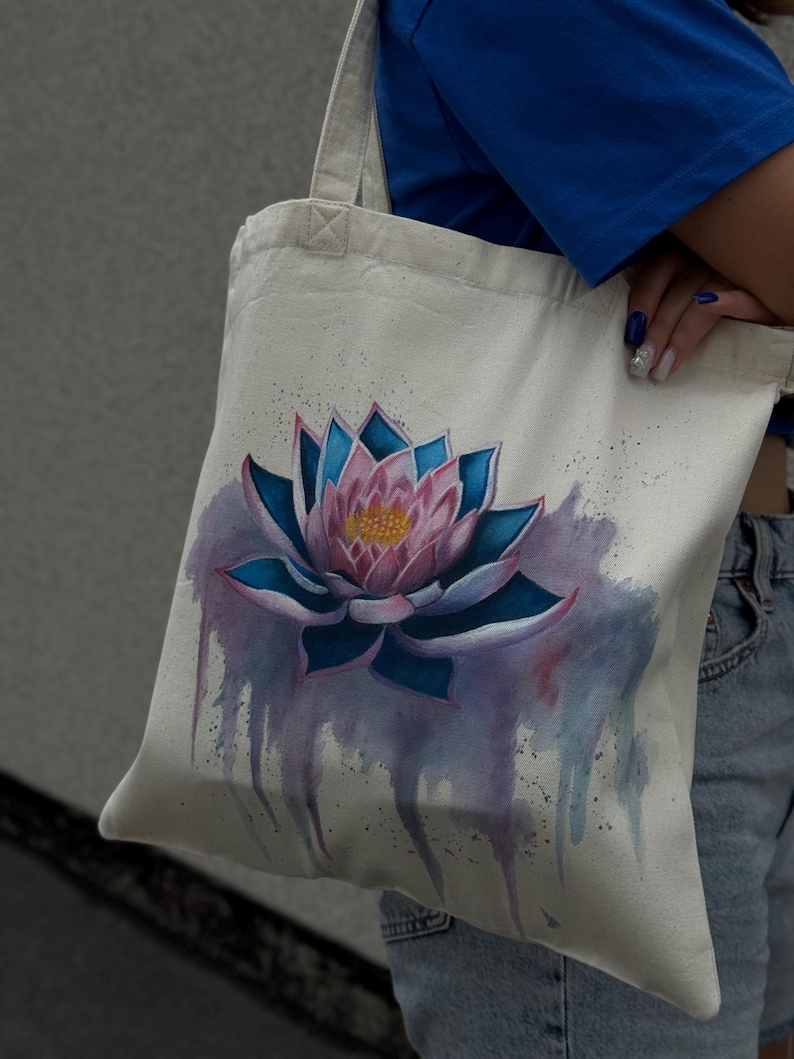 Hand-painted Tote Bag – Eco Canvas Bag With Watercolor Lotus Flower ...