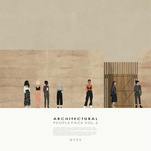 May include: A digital collection of seven stylized human figures in various outfits, presented against a beige architectural background with a wooden gate. The text reads ARCHITECTURAL PEOPLE PACK VOL.2, followed by descriptive product information.