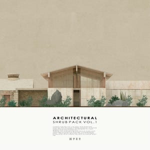 May include: A digital graphic illustration featuring a beige architectural building facade with a gabled roof, stone textures, and green shrubbery. The text reads ARCHITECTURAL SHRUB PACK VOL. 1, followed by descriptive text about landscape drawings.