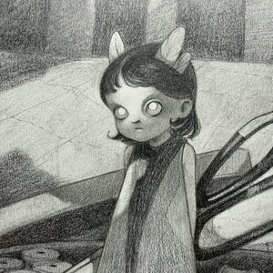 Dibujo a lápiz original: Hada con herramientas de costura. Arte fantástico surrealista, único en su tipo.