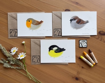 Set of 3 Original Oil Pastel Bird Drawing - Handmade Mini Cards with Kraft Envelopes