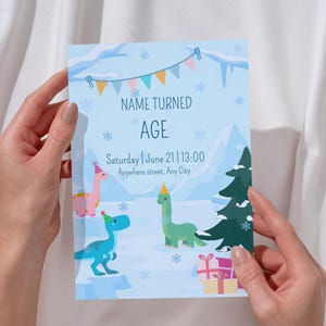 Invitación de cumpleaños de dinosaurio de invierno editable / Plantilla Canva para fiesta de dinosaurios de nieve / Tarjeta de invitación imprimible para niños / Cumpleaños de invierno para niños