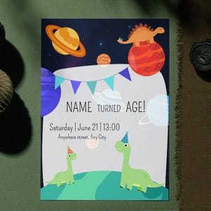 Invitation d'anniversaire modifiable de l'espace dino | Modèle de toile de fête d'enfants | Invitation dinosaure galaxie imprimable | Toile design amusante pour garçons ou filles