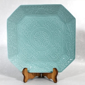 Arita Ware Celadon Plate, Vintage Japanese Pottery, Octagonal Platter with Floral Relief, Zen Home Decor, Luxury Ceramic Art Gift