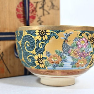 Kutani Ware Matcha Bowl, Japanese Vintage Pottery, Chawan with Peacock & Sages, Gold Tea Bowl, Wabisabi Tea Bowl, Luxury Ceramic Art Gift