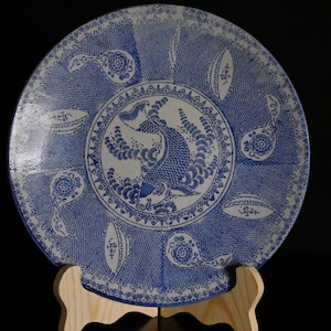 Japanese Vintage Ceramic, Blue & White Koi Fish Inban Plate, Meiji Era Transfer ware Platter, - "The Spirit of the Unwavering Koi"