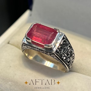 Natural Ruby Men's Ring, Solid Sterling Silver Band, Hand Engraved Statement Jewelry | July Birthstone