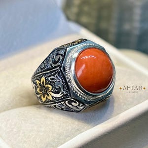 Natural Red Coral Ring, Hand Engraved 925 Sterling Silver | Handmade Floral Gemstone Jewelry, October birthstone
