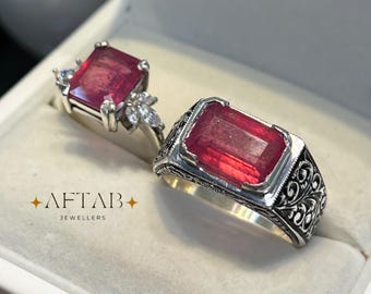 Natural Ruby Couple Ring • Solid 925 Sterling Silver • Handmade Hand-engraved Statement Jewelry