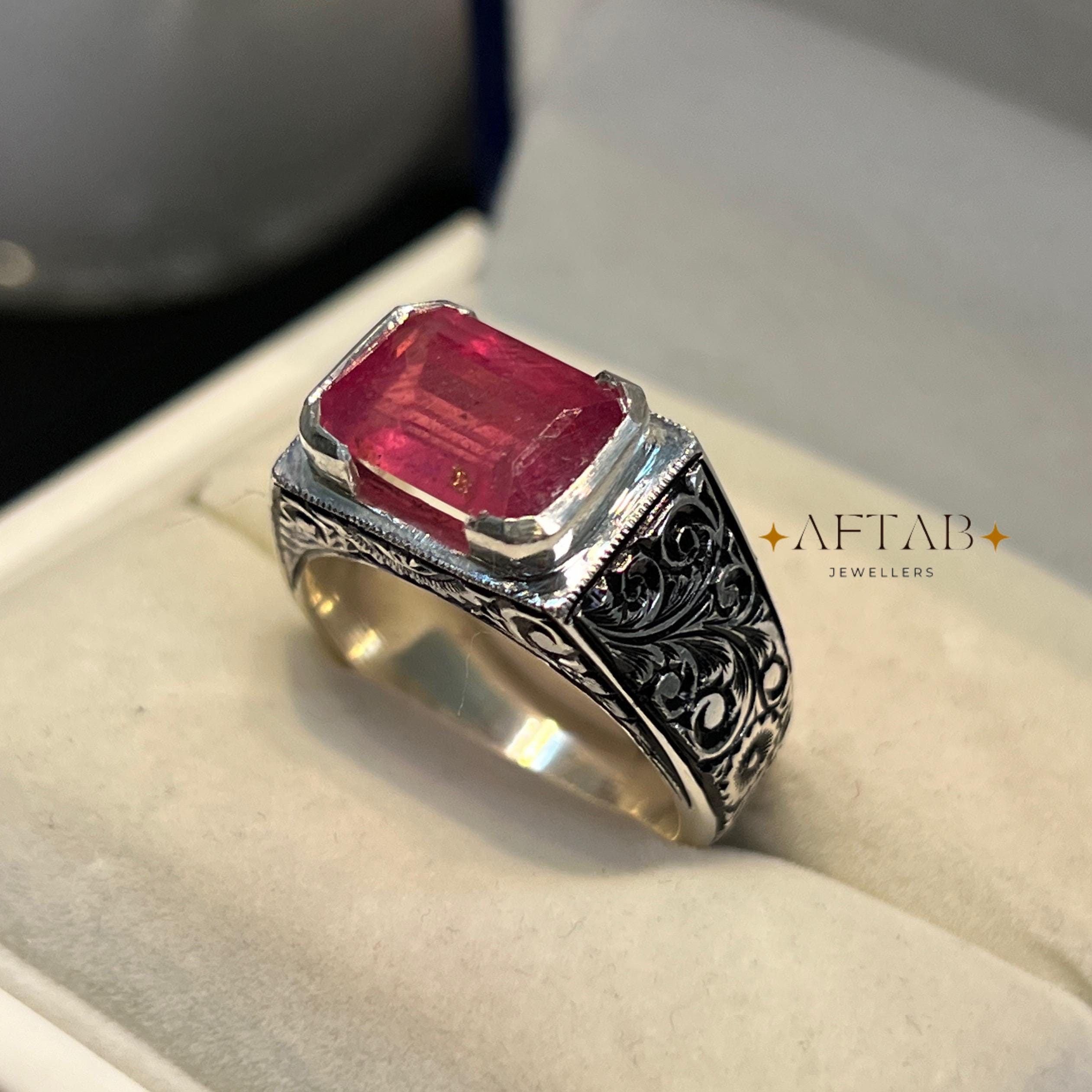 手彫りルビーステートメントリング：925スターリングシルバー、7月の